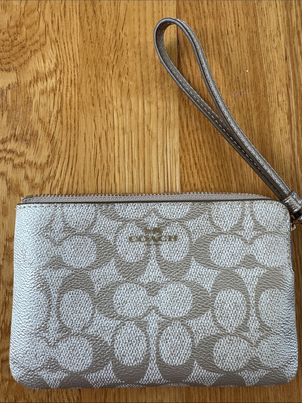 Coach Metallic Signature Corner Zip Wristlet in Pearlized Canvas Gold Accents